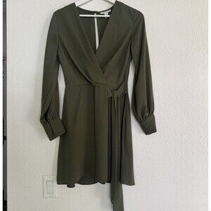 Topshop Wrap Over Olive Midi A-Dress Belted Knot Bishop Long Sleeves Sz 4